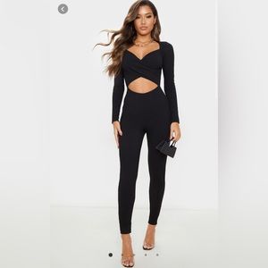 Black rib cross over long sleeve jumpsuit